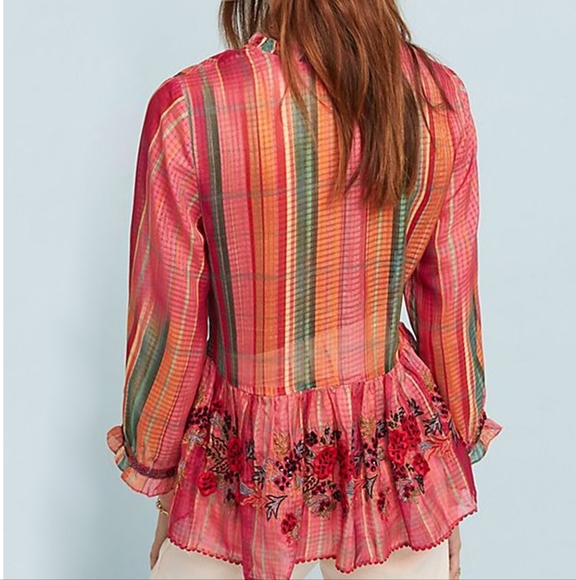 Bhanuni by Jyoti for Anthropologie Embroidered Peplum Boho Blouse Multicolor M - Picture 6 of 13